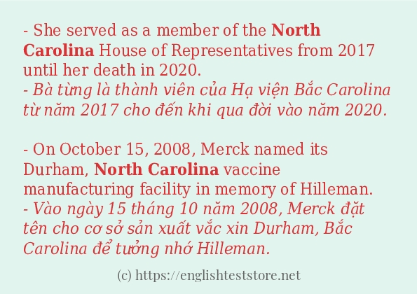 Các câu ví dụ và cách sử dụng từ North Carolina