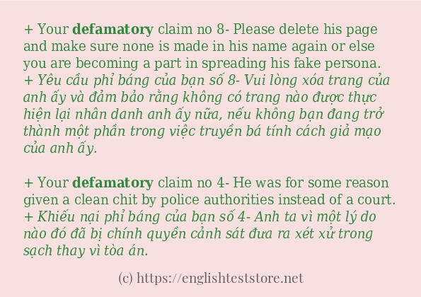 defamatory sử dụng như thế nào và câu ví dụ